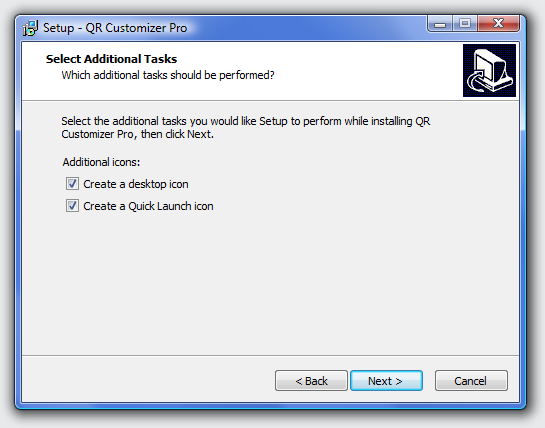 Select if you want a desktop icon and a Quick Launch icon and then click Next